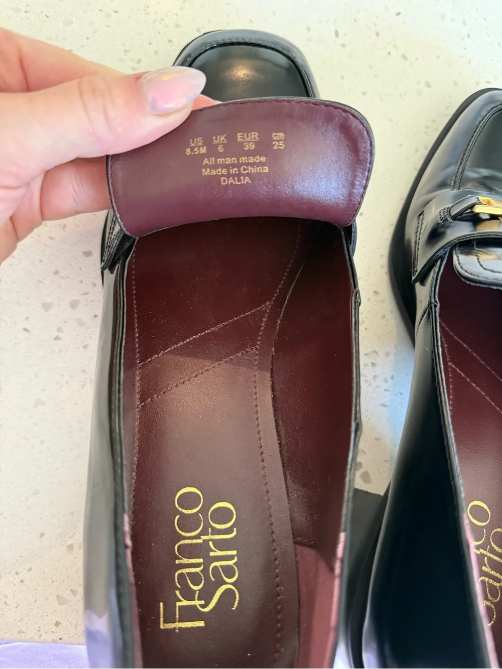 Franco Sarto Black Leather Loafers with Gold Hardware